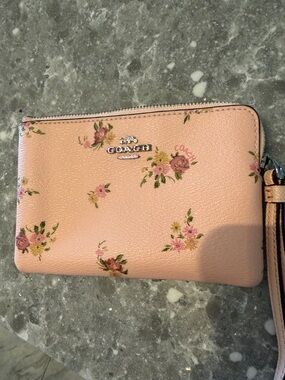COACH Pink Floral Leather Wristlet with Detachable Strap